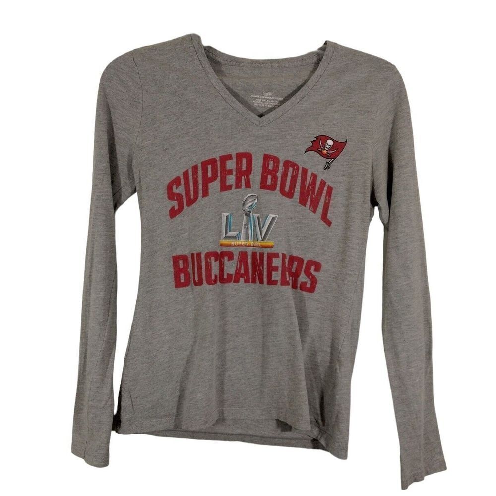 Buccaneers Super Bowl LIV Women Med T Shirt Gray Long Sleeve V-neck Football NFL